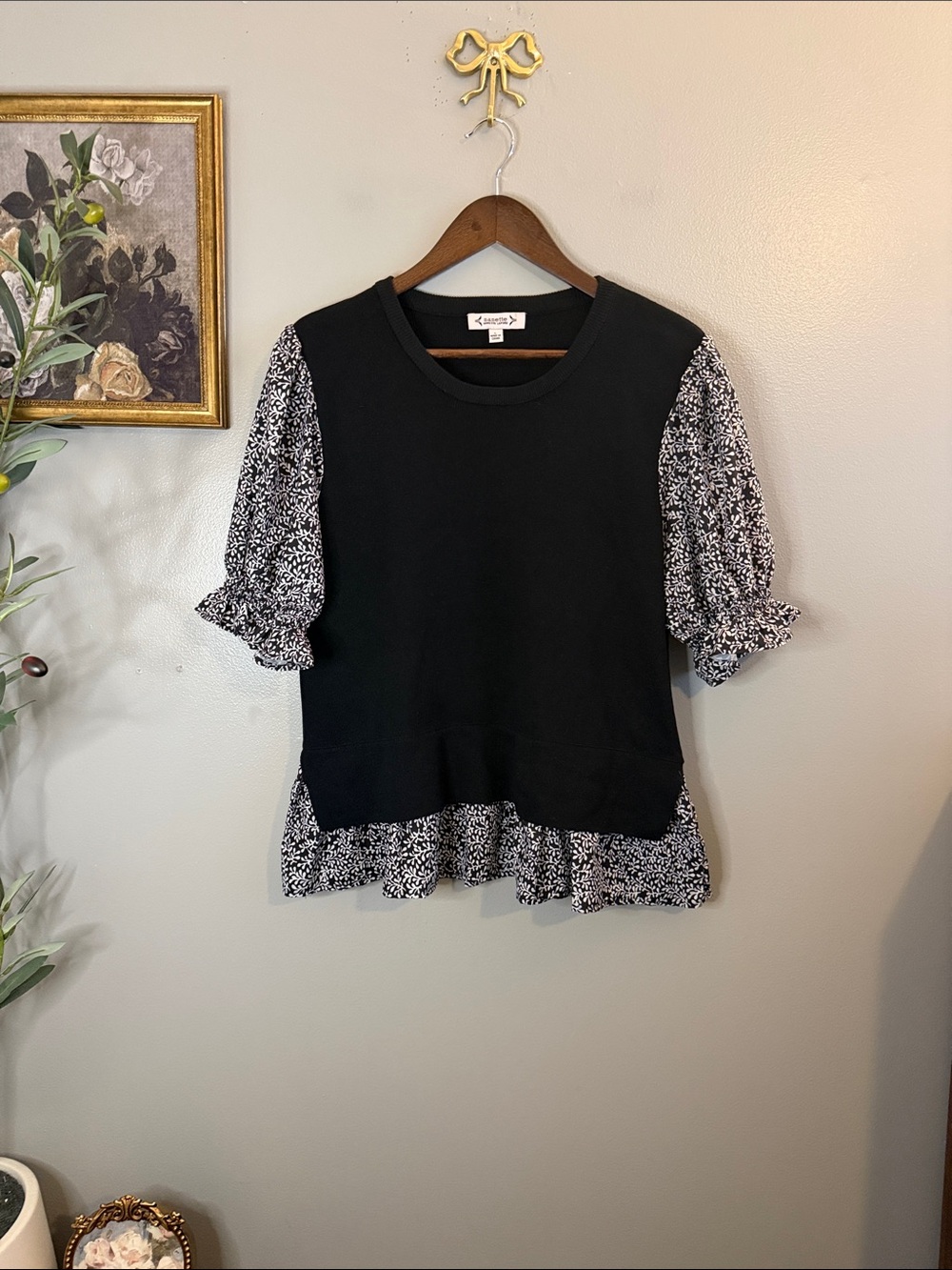 Nanette Nanette Lepore Black Floral Ruffle Hem Puff Sleeve Top L - Picture 2 of 9